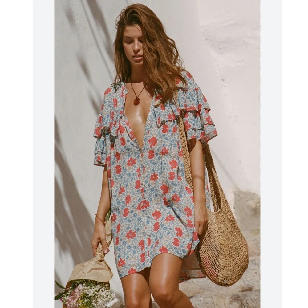 Spell Dress Village Mini Ruffle in Sky Blue Red Floral